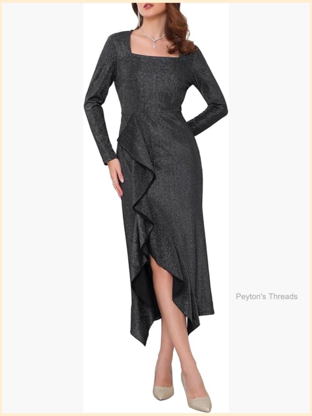 Glitter Cocktail Dress Midi Square Neck Ruffle Slit Formal Party Dress